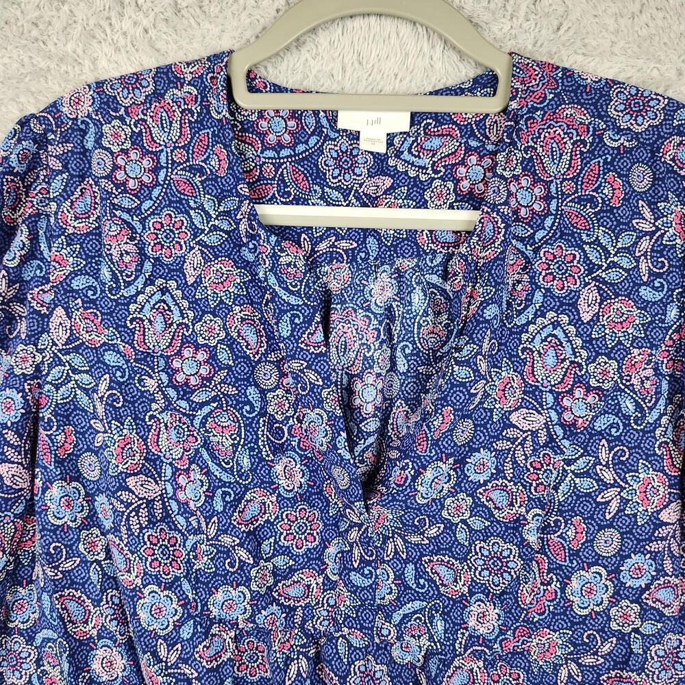 J Jill Blouse Womens XL Blue Paisley V Neck 3/4 Sleeve Tunic Top Boho Fairy Art